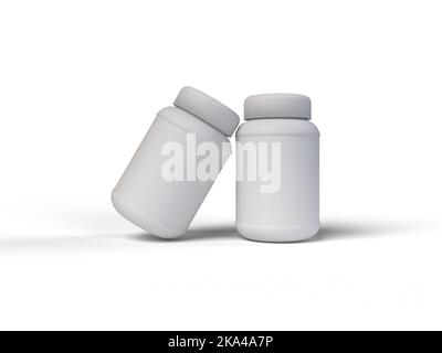 Eine 3D-Darstellung von Pillenflaschen isoliert auf weißem Hintergrund Stockfoto