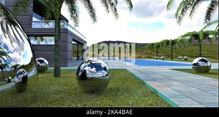 Ein geräumiger Spielplatz mit Swimmingpool auf dem Gebiet eines wunderschönen Landguts, das mit reflektierenden Stahlkugeln dekoriert ist. 3D Rendern. Stockfoto