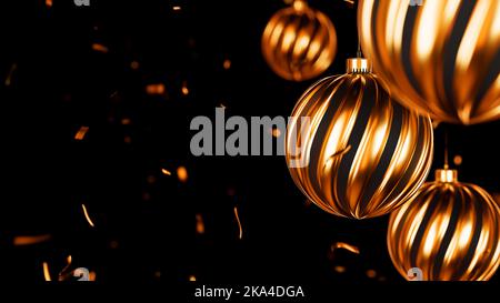 Frohes neues Jahr goldene Kugeln mit fallendem Glitzer, Weihnachtsdekoration. Realistische 3D Render Darstellung von Goldkugeln auf schwarzem Hintergrund Stockfoto