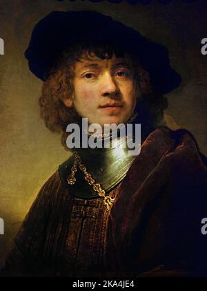 Selbstporträt als junger Mann - Young man in a Gorget and Cap von Rembrandt, Rembrandt Harmenszoon van Rijn, 1606-1669, The, Niederlande, Dutch, Stockfoto