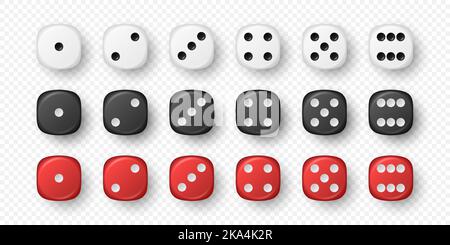 Vector 3D realistische Weiß, Schwarz, Rot Spielwürfel Icon Set Nahaufnahme isoliert. Spielwürfel zum Spielen, Casino Würfel von einem bis sechs Punkten, Runde Kanten Stock Vektor