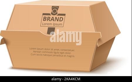 Lebensmittelverpackungen auf der Straße. Realistischer Behälter zum Mitnehmen von Papier für Hamburger. Quadratisches Karton-Paket mit Markenlogo. Eco Recycling Lieferverpackung Stock Vektor