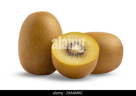 Goldener Kiwi isoliert auf weißem Hintergrund. Gelbe Früchte Stockfoto