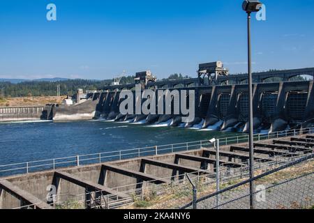 Blick auf den Bonneville Dam, der den Columbia River zwischen Washington und Oregon überquert. Gebaut vom United States Army Corps of Engineers. Stockfoto