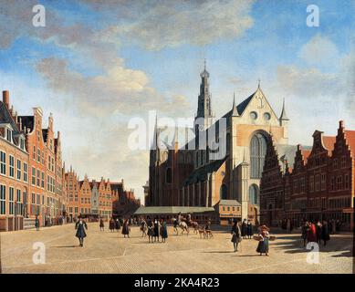 Der große Markt in Haarlem, der große Markt in Haarlem mit der Kirche St. Bavo, 1696, Gemälde von Gerrit Berckheyde. Stockfoto