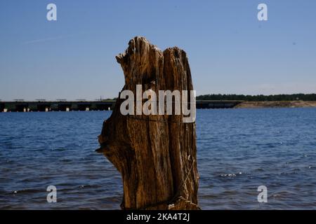 Dies ist ein Blick auf die Toledo Bend Forest Scenic Byway LA Highway 191 Staumauer vom South Toledo Bend State Park. Stockfoto