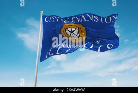 Offizielle Flagge von Evanston, Illinois Unbanden Staaten von Amerika bei bewölktem Himmel Hintergrund bei Sonnenuntergang, Panoramablick. USA Reisen und patriotische Konzept. Kopie Stockfoto