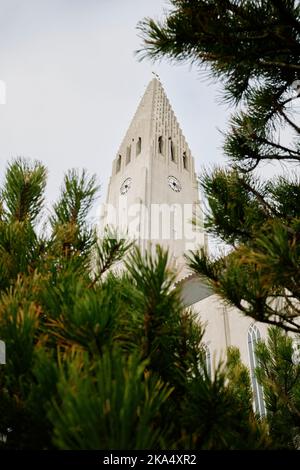Turm der lutherischen Kirche unter grünen Bäumen Stockfoto