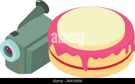 Isometrischer Vektor des Attributs Celebration. Moderne Videokamera und Obstkuchen. Feier, Veranstaltung, Party Stock Vektor