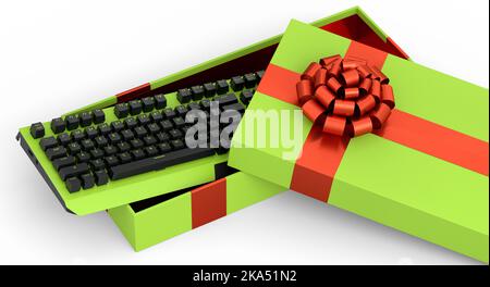 Geschenkboxen mit Tastatur, Band und Schleife isoliert auf weißem Hintergrund. 3D Render Konzept der Grußformel Geburtstag, Weihnachten, Schwarzer freitag, New Yea Stockfoto