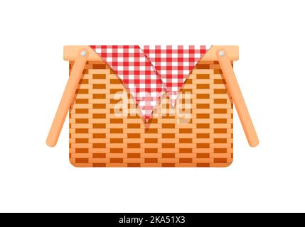 Leerer gewebter Korb mit einer karierten Picknickdecke. Handkorbweide oder Bambuskorb mit Griffen isoliert auf weißem Hintergrund. Vektorgrafik Cartoon-Illustration. Stock Vektor