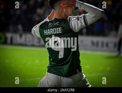 Plymouth, Großbritannien. 31. Oktober 2022. TOR Plymouth Argyle Stürmer Ryan Hardie (9) feiert ein Ziel, es 3-2 während des Sky Bet League 1-Spiels Plymouth Argyle gegen Exeter City im Home Park, Plymouth, Vereinigtes Königreich, 31.. Oktober 2022 (Foto von Stanley Kasala/News Images) in Plymouth, Vereinigtes Königreich am 10/31/2022. (Foto von Stanley Kasala/News Images/Sipa USA) Quelle: SIPA USA/Alamy Live News Stockfoto