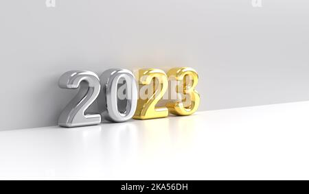 Silber und Gold Metallic 2023 Text Zahlen 3D gerendert auf einem weißen Boden mit einer grauen Wand. 3D Darstellung rendern Stockfoto