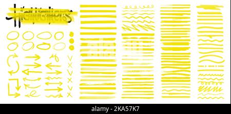 Handgezeichnete Textmarker mit Pinsellinien. Gelbe Markierungslinien Stock Vektor