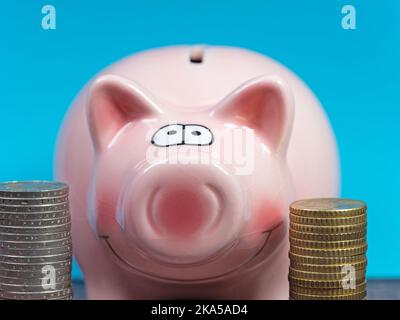 Sparschwein und Münzen in einer Nahaufnahme Stockfoto