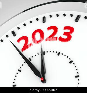 Schwarze Uhr mit 2023 stellt das kommende neue Jahr 2023 dar, dreidimensionales Rendering, 3D Illustration Stockfoto