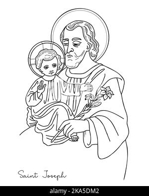 Ikone der heilige Josef der Verlobte mit dem göttlichen Kind, Jesus Christus und blühender Lilie. Vektorgrafik. Von Hand gezeichnet. Skizzieren Sie Doodle für Design und Deko Stock Vektor