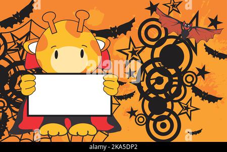 Giraffe Kind Cartoon mit dracula Kostüm halten leere Plakatwand kopieren Raum Illustration halloween Hintergrund Stock Vektor
