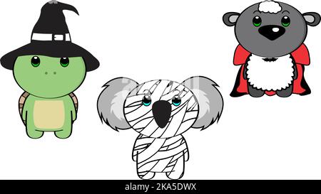 Kawaii Baby Tiere Charakter Cartoon mit halloween Kostüme Set Illustration im Vektor-Format Stock Vektor