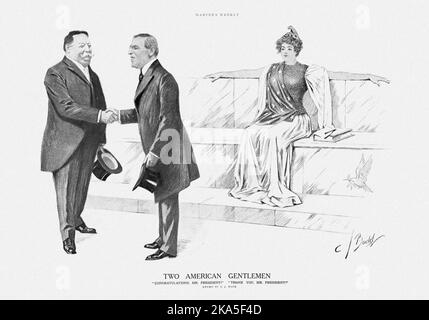 “Two American Gentlemen”, a political cartoon celebrating the peaceful transition of power. It portrays Wilson and outgoing president William Howard Taft shaking hands as Columbia, a national personification of the United States, watches them Stockfoto