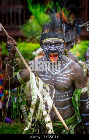 Indigene Krieger in traditioneller Tracht, die für Touristen ausgestellt werden, Alotau Cultural Festival, Alotau, Milne Bay Province, Papua-Neuguinea Stockfoto