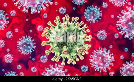 Coronavirus-Variantenausbruch als omicron-Subvariante und Covid-19-infektiöser Influenza-Hintergrund als gefährliche Grippestandfälle als Pandemie Stockfoto