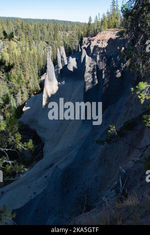 Die Pinnacles, vulkanische Schlote am Rand des Krater-Sees im Oregon Park. Mit einem Kiefernwald, der um die spitzen Türme wächst. Stockfoto