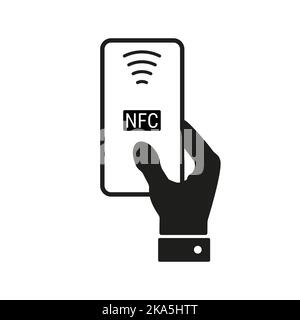 Kontaktlose Bezahlung, Hand hält NFC-Smartphone. Flache Abbildung isoliert auf gelbem Hintergrund. Stockfoto