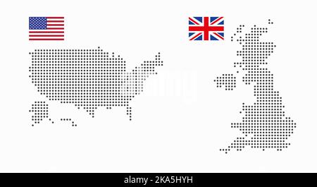 Amerikanische und britische gepunktete Karte mit Flagge. Länder, die an der Gas- und politischen Krise beteiligt sind. Flache Abbildung isoliert auf weißem Hintergrund. Stockfoto