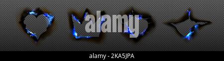 Set von verbrannten Löchern png mit blauem Feuer und schwarzer Asche an den Rändern. Schwelende Papierblätter mit beschädigten Kanten in Form von Herz und Krone. Realistische Vektordarstellung isoliert auf transparentem Hintergrund Stock Vektor