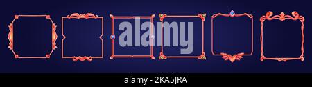 Set aus quadratischen ui-Spielrahmen, strukturierten mittelalterlichen Rändern aus Bronze oder Kupfer-Metall mit Edelsteinen. Cartoon leer metallischen Grenze mit Edelsteinen, isoliertes Design gui-Elemente, Vektor-Illustration Stock Vektor