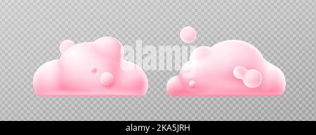3D Render rosa Wolken, flauschige Spindrift oder Cumulus Wirbel. Fliegendes Wetter und Natur Design Elemente Ballons isoliert auf transparentem Hintergrund, Illustration in Cartoon-Kunststoff-Stil, Symbole gesetzt Stock Vektor