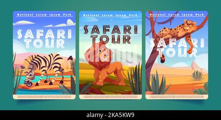 Safari-Tourplakate mit Zebra, Löwe und Gepard in der Savanne. Naturparkbanner mit Savannenlandschaft mit niedlichen wilden afrikanischen Tieren, Vektor-Cartoon-Illustration Stock Vektor