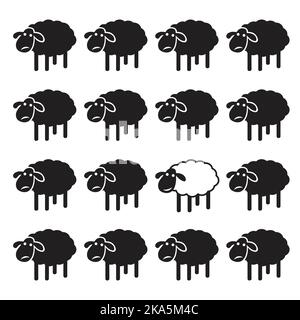 Einzelne weiße Schafe in schwarzen Schafen Gruppe. Unähnliches Konzept. Leicht editierbare Vektorgrafik mit Ebenen. Tiere. Stock Vektor