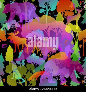 Nahtloses Muster mit niedlichen Waldtieren. Farbige Bäume und Tiere. Nachts auf dunklem Hintergrund. Vektorgrafik Stock Vektor
