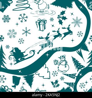 Nahtloses santa-Muster mit Rentieren. Der weihnachtsmann fährt die Straße hinunter. Vektorgrafik Stock Vektor