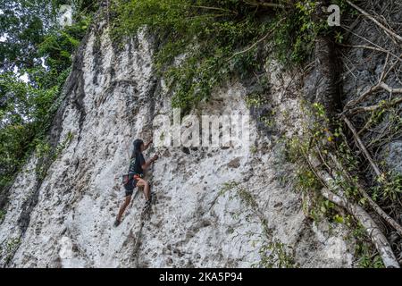 Kendari, Indonesien. 30. Oktober 2022. Ein Besucher versucht, auf die Spitze der Karstklippen in Konawe zu klettern. Sawapudo Cliff, das Karstfelsen mit einer Höhe von etwa 20 Metern hat, wird von vielen Touristen und Naturliebhabern als Klettergebiet besucht. Kredit: SOPA Images Limited/Alamy Live Nachrichten Stockfoto