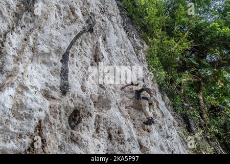 Kendari, Indonesien. 30. Oktober 2022. Ein Besucher versucht, auf die Spitze der Karstklippen in Konawe zu klettern. Sawapudo Cliff, das Karstfelsen mit einer Höhe von etwa 20 Metern hat, wird von vielen Touristen und Naturliebhabern als Klettergebiet besucht. Kredit: SOPA Images Limited/Alamy Live Nachrichten Stockfoto