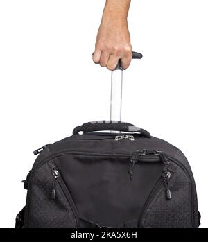 Eine männliche Hand hält einen Koffer auf einem transparenten Hintergrund Stockfoto