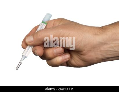 Eine männliche Hand, die ein Thermometer auf einer transparenten Oberfläche hält Stockfoto