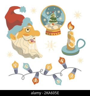 Set Vektor weihnachten Neujahr weihnachtsmann Schneekugel Lichter Stock Vektor