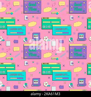 Vaporwave UI und UX Elemente nahtloses Muster. PC-Retro-Spielrahmen. Nostalgischer Stil 70s, 80s, 90s Stock Vektor