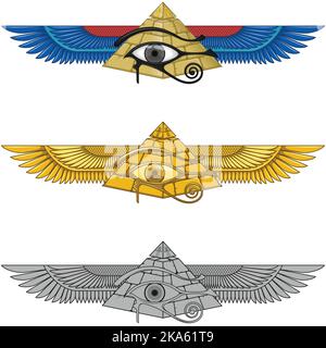 Geflügelte Pyramide Vektor-Design mit Auge des horus, alte ägyptische Pyramide mit Flügeln, geflügelte Pyramide, Auge des horus, ankh Kreuz Stock Vektor