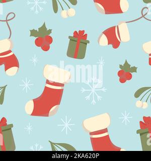 Niedliche Weihnachten nahtlose Muster mit Weihnachten Geschenkbox, Strümpfe, Fäustlinge, Schneeflocken, Stechpalme. Handgezeichnete Vektorgrafik Stock Vektor