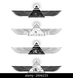 Geflügelte Pyramide Vektor-Design mit Auge des horus, alte ägyptische Pyramide mit Flügeln, geflügelte Pyramide, Auge des horus, ankh Kreuz Stock Vektor