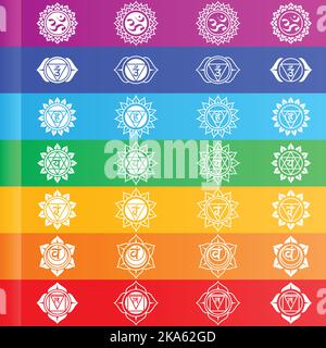 Vektor-Design des sieben Chakra-Energiezentrums, ein Symbol der Hinduismus-Doktrin, das die sieben Chakren des menschlichen Körpers zeigt Stock Vektor