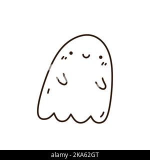 Niedlicher und lustiger Geist auf weißem Hintergrund isoliert. Vektor-handgezeichnete Illustration im Doodle-Stil. Kawaii-Charakter. Perfekt für Karten, Dekorationen Stock Vektor