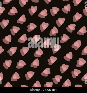 Einfache rosa Herzen nahtlose Muster chaotisch auf schwarzem Hintergrund aus winzigen Herzen Silhouetten der überlappenden Schichtung Effekt. Für Valentines, Mütter d Stockfoto