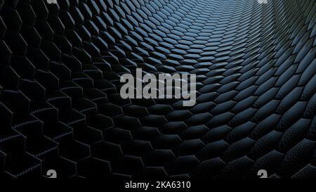 3D Render - geometrischer Hintergrund aus schwarzen glänzenden Sechsecken. Stockfoto