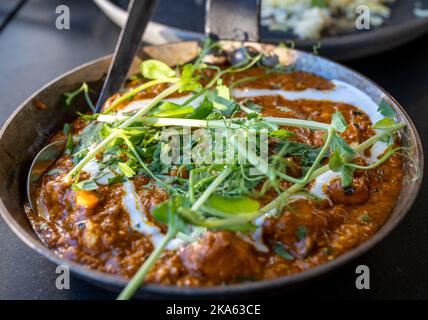 Shahi Lasooni Paneer diente in Stockholm, Schweden. Shahi Lasooni Paneer ist ein indischer Quark, der in einer Cashew-Sauce geröstet wird. Stockfoto